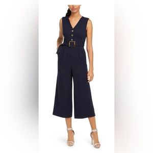 Calvin Klein Womens Button Front V-Neck Jumpsuit Navy size 12